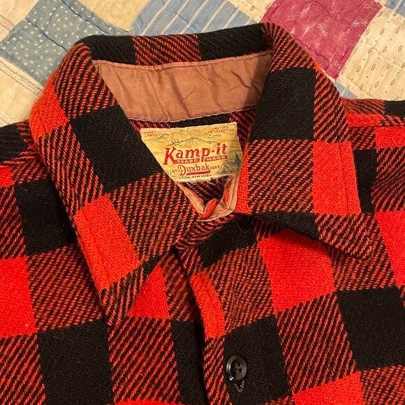 Vintage 1950s/60 Duxback Kamp It Wool Buffalo Check Plaid Red Shirt Jacket - Picture 12 of 16